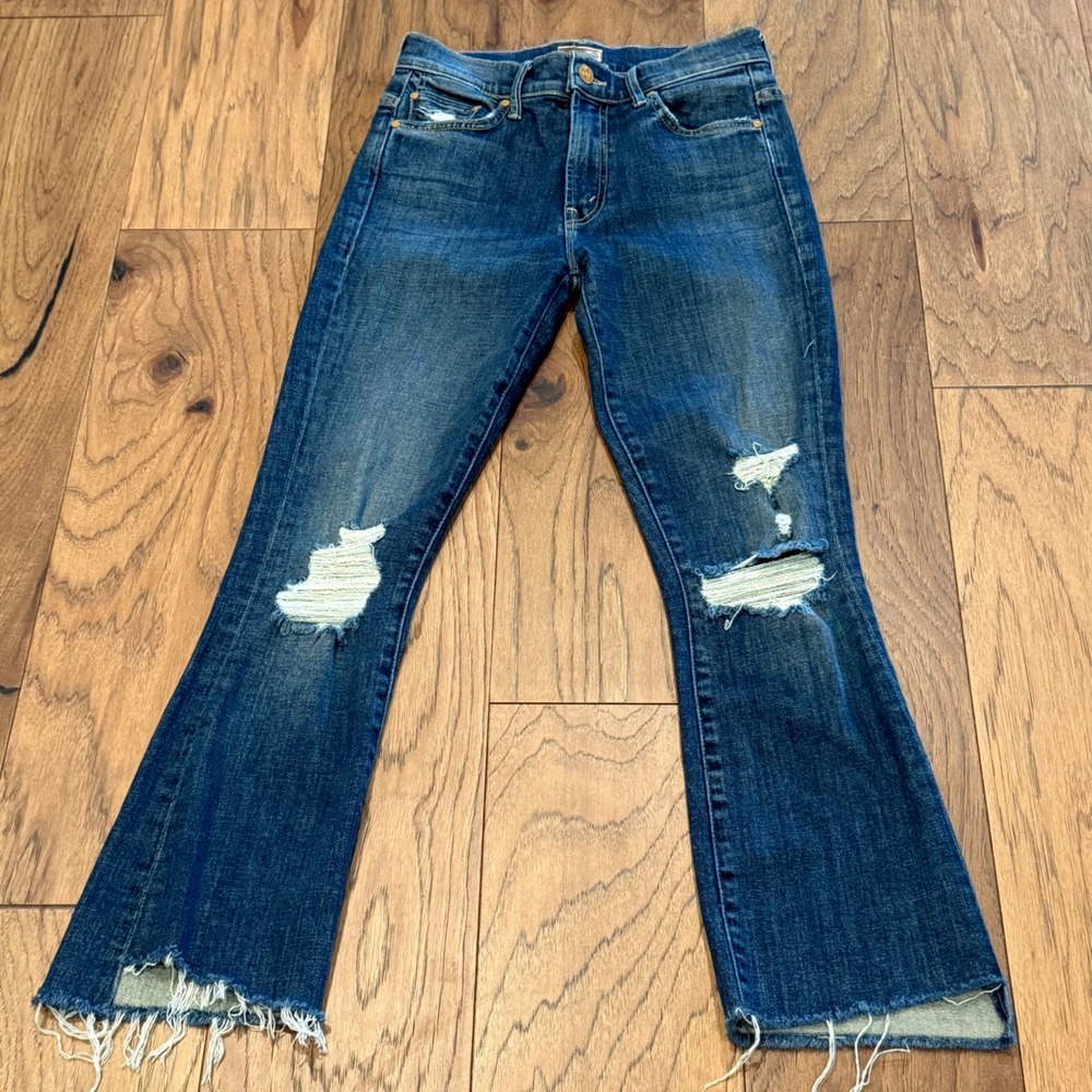 Mother The Hustler Ankle Fray‎ Distressed Flare Jeans Blue 25